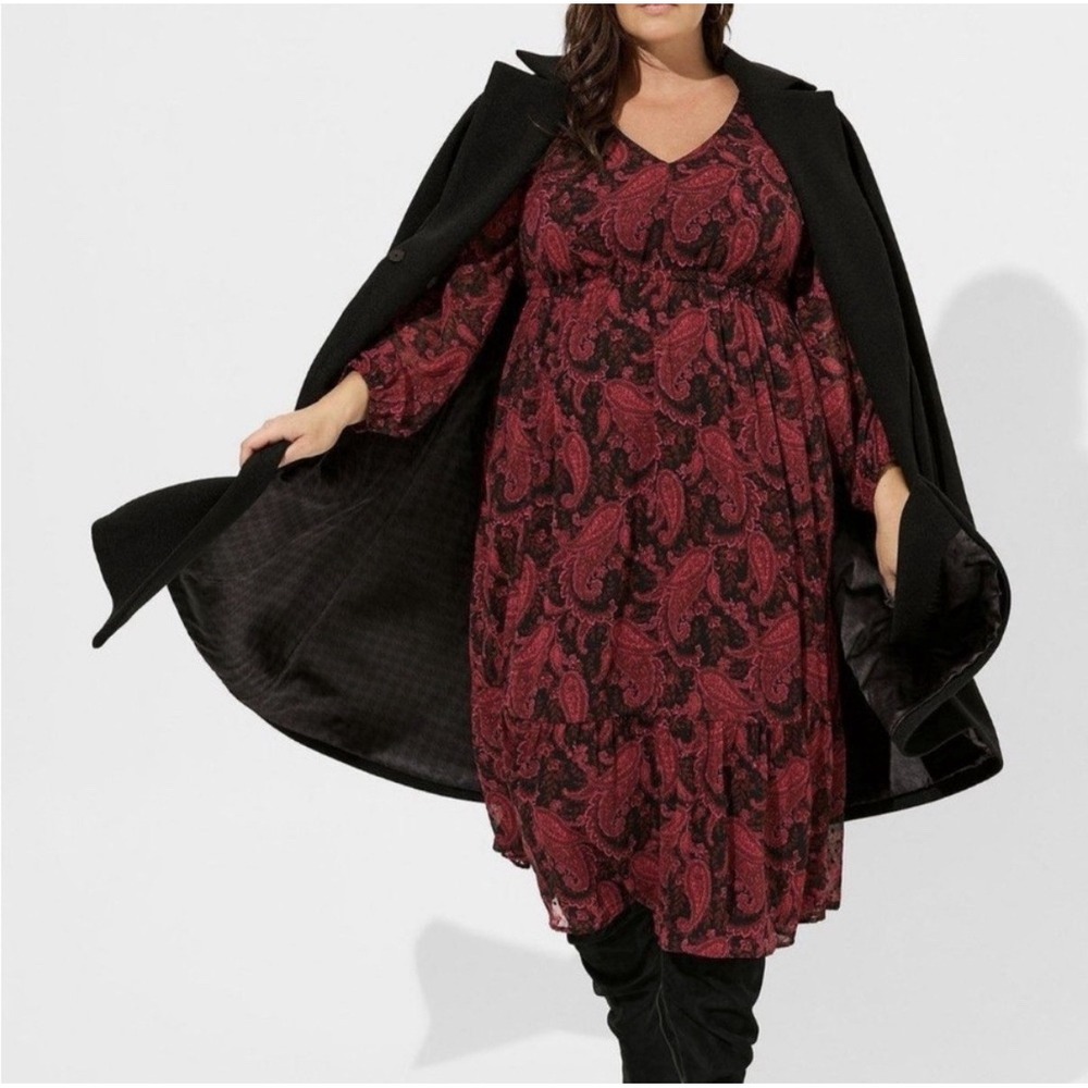 Torrid Paisley Clip Dot Tiered Midi Dress 1X 14-16 Red Black Witchy Whimsygoth